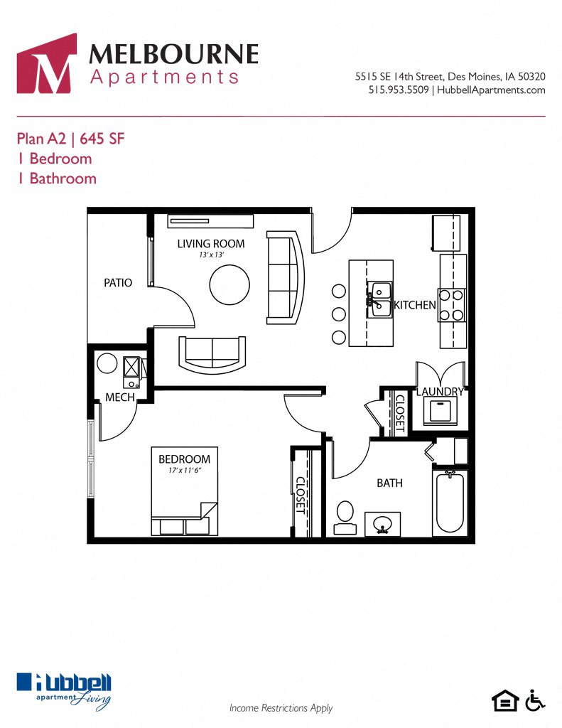 Floor plan for 1 bed, 1 bath, 653 sqft